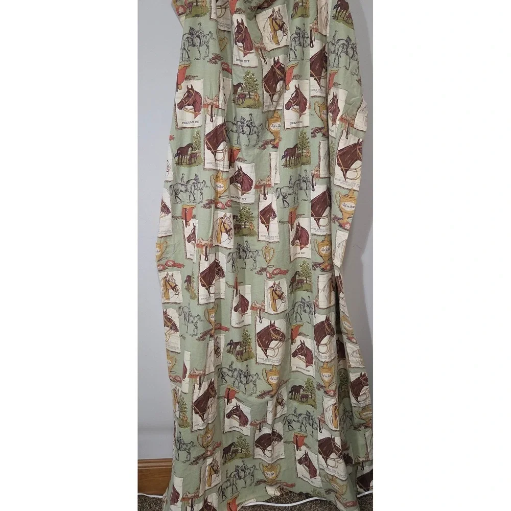 Vintage Equestrian Horse Print Curtain Panel Sage Green English Country 45x76